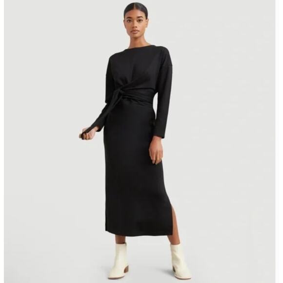 Modern Citizen Audrey Black Terry Midi Dress Small Tie Waist Long Sleeve Minimal - Picture 4 of 12